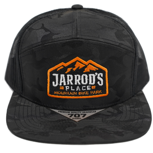 Open image in slideshow, Jarrod&#39;s Place Bike Park Hat - Black Camo with Orange Logo
